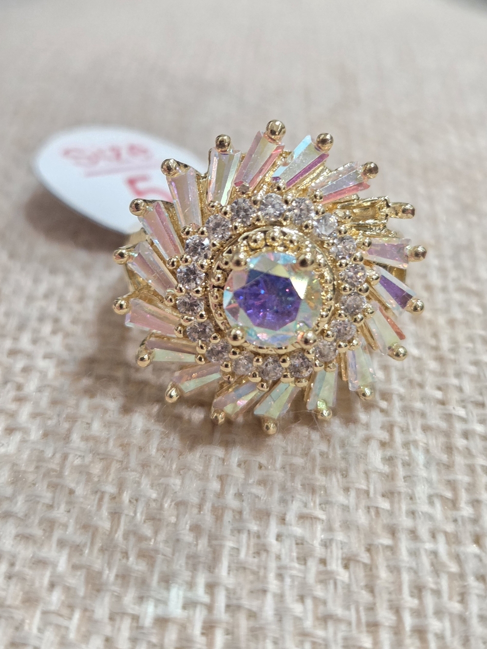 Aurora Crystal Sunburst Ring - Gold~ Size 6